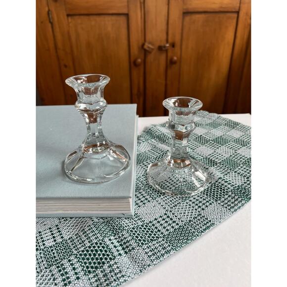 Vintage Pair of Glass Taper Candle Holders Timeless Coastal Grandmillenial Decor - Picture 1 of 6